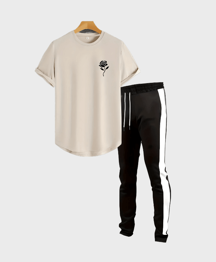 Brussels - 2-delige set beige bloemen design t-shirt en zwarte trackpants - Miller-Mode