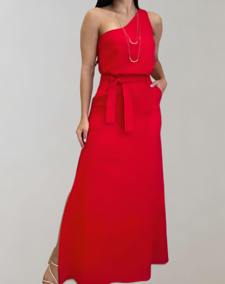 mouwloze one-shoulder maxi-jurk met split, ceintuur en zakken