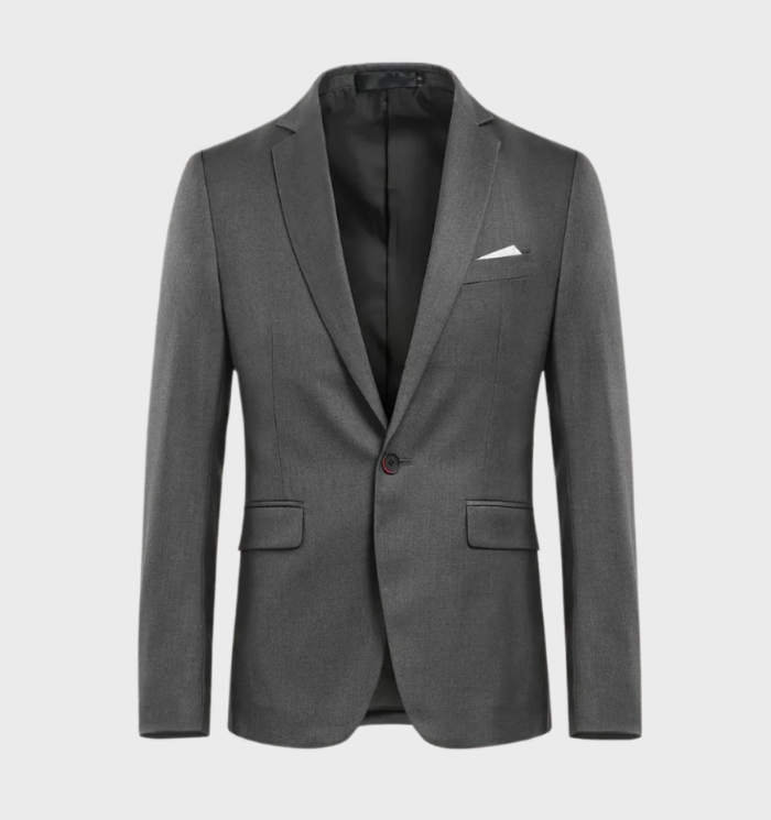 3-delige herenblazer met revers en enkele borstzak in combinatie met een broek met zakken