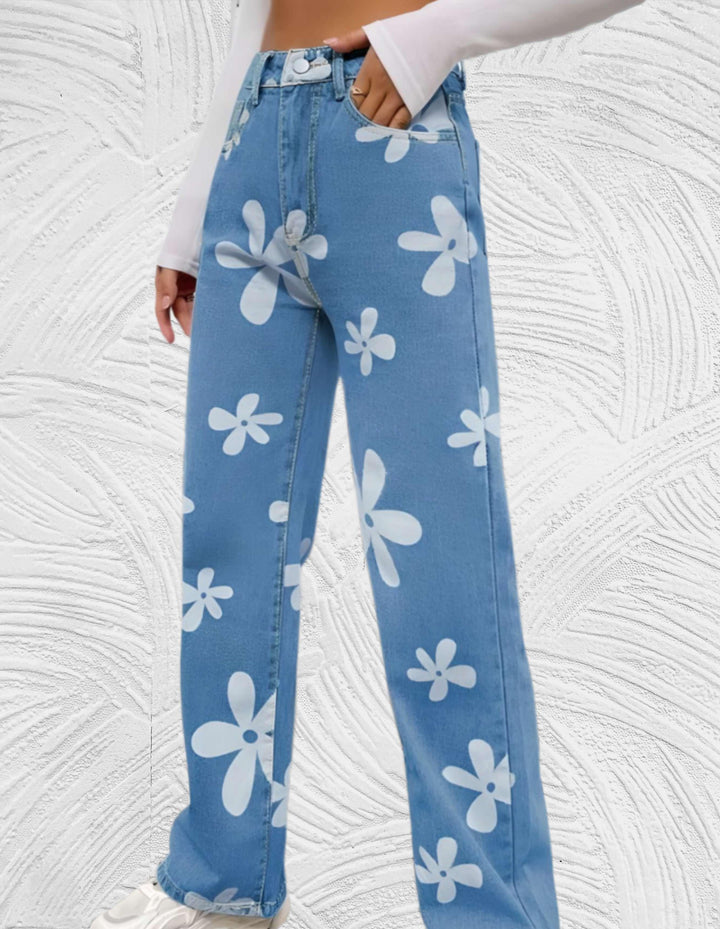 Frea - Denim jeans met hoge taille wijde pijpen met print van witte bloemen - Miller-Mode