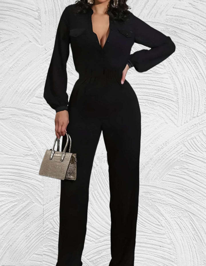 Katia - Zwarte elegante jumpsuit met lage v hals en lange mouwen - Miller-Mode