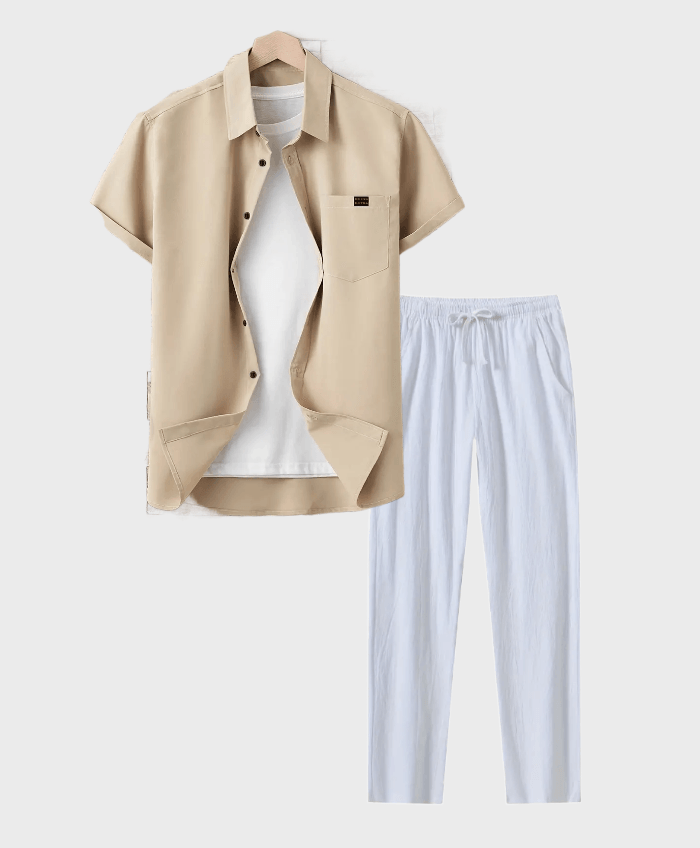 Valencia - 2-delige set beige blouse korte mouwen met linnen witte broek - Miller-Mode